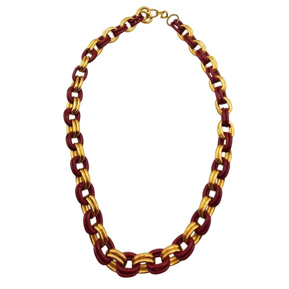 Bold Thick Chain Necklace Double Link Maroon Red Gold Tone 21" Retro Y2K 90s - Picture 6 of 7